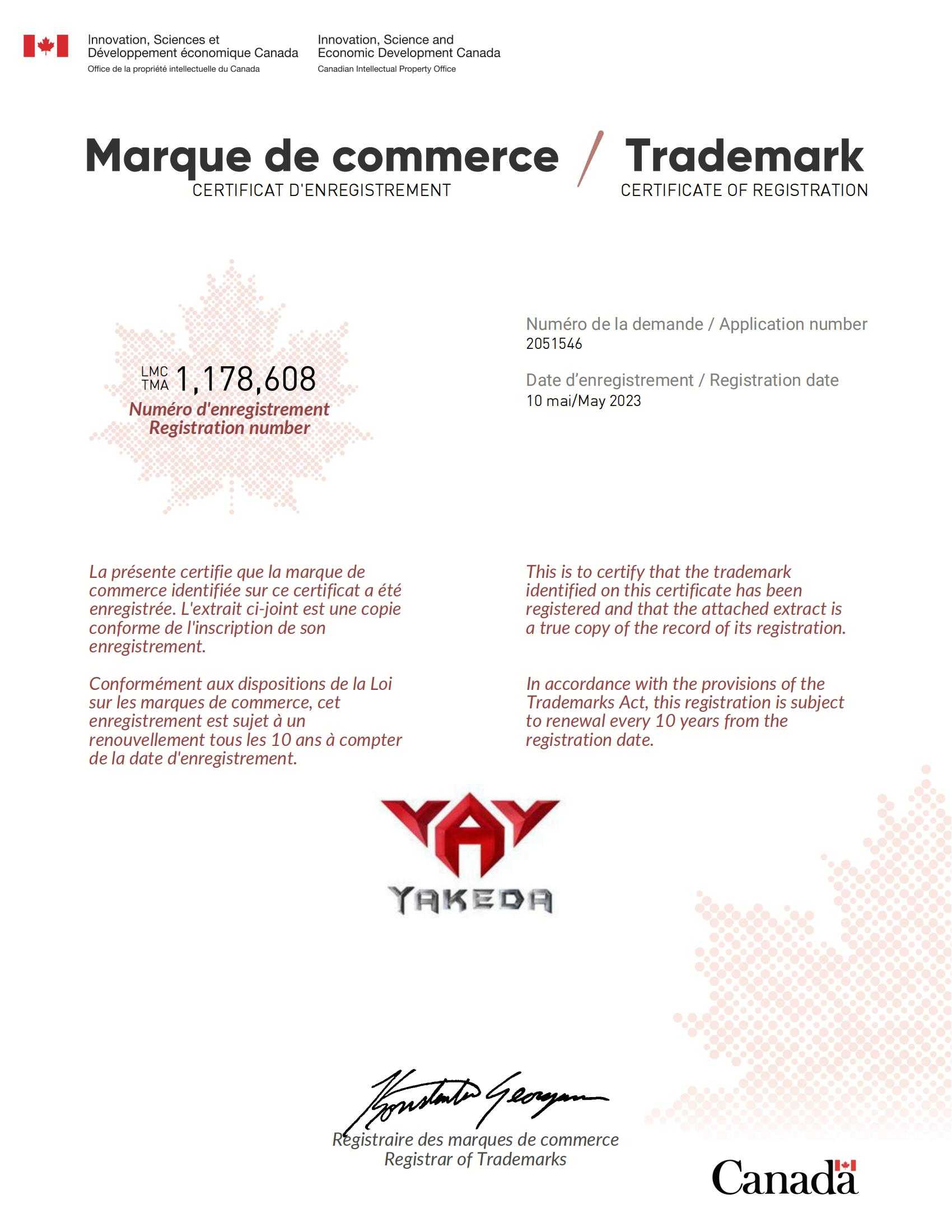 Certificado de Marca Registrada do Canadá